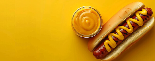 A jar of mustard and a hot dog on a yellow background. Spicy and tangy sauce for sandwiches or sausages. Top view space to copy.