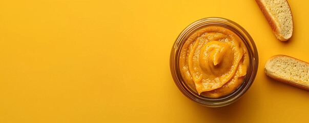 A jar of mustard and a hot dog on a yellow background. Spicy and tangy sauce for sandwiches or sausages. Top view space to copy.