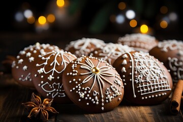 Fototapeta premium Chocolate gingerbread cookies with a white pattern