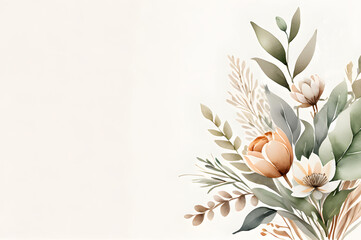 Fototapeta na wymiar Watercolor illustration of peach flowers and leaves in pastel colors on a white background with space for text. Copy space