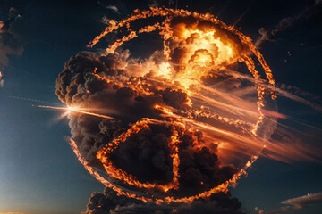 fiery symbol of nuclear weapon on background of sky and explosion selective focus