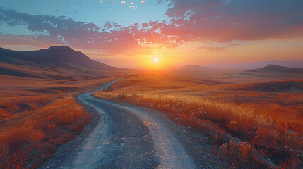 Road winds through a landscape into the distance at sunset