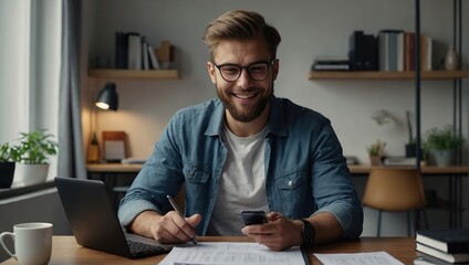 Obraz premium Confident man sitting at desk taking break in work with electronic documents on laptop to make answer telephone call, Smiling young guy freelancer synchronize data between home computer and smartphone
