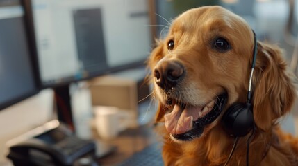 Happy golden retriever wearing headset at a desk. Friendly dog as customer service representative. Office pet providing support with a smile.