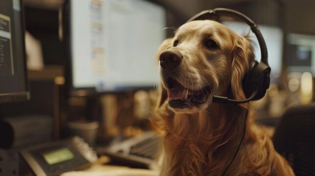 Golden retriever wearing a headset in an office environment. Professional canine assisting in customer service. Friendly dog as a creative office team member.