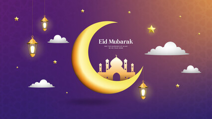 Obraz na płótnie Canvas Eid Mubarak Design Banner with moon and mosque in a beautiful background. Colorful luxury Islamic background with decorative ornament, eid Mubarak social media post design. Colorful vector Background.