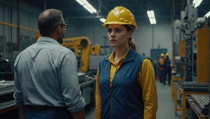 Female worker in manufacture feeling vulnerable and intimidated by superior manager, forced touching at workplace, Sexual harassment at work