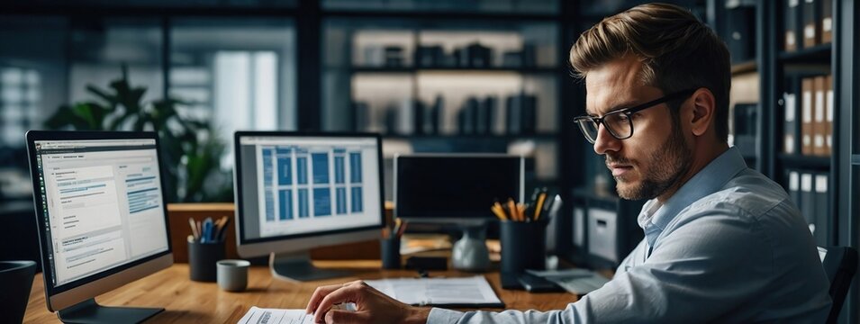 Document Management System (DMS) being setup by IT consultant working on laptop computer in office with document directory, Software for archiving, searching and managing corporate file information