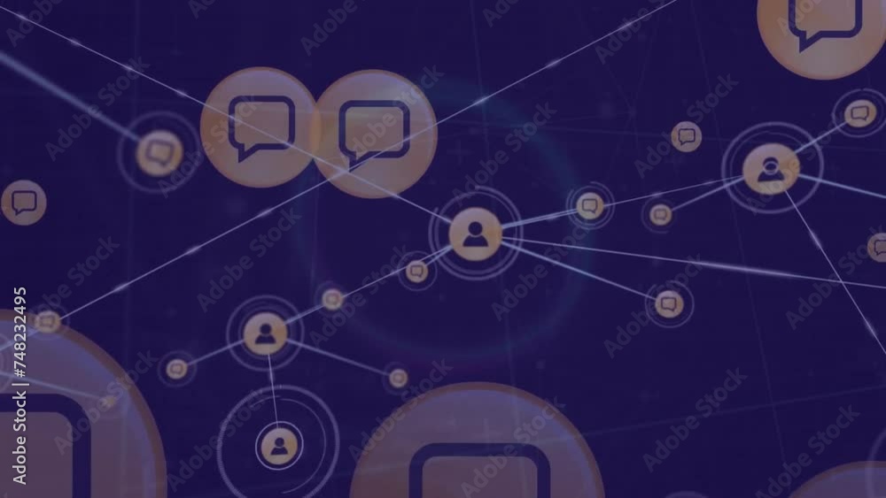 Poster animation of network of connections with icons on black background