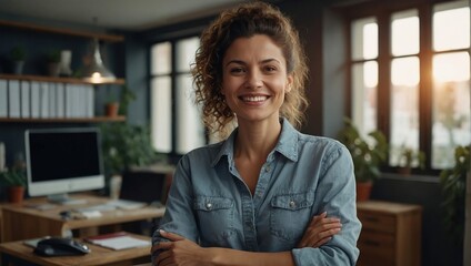 Happy dreamy successful beautiful entrepreneur woman in casual cloth posing in office apartment with hands crossed, looking away, smiling, laughing, Cheerful thoughtful female project owner portrait