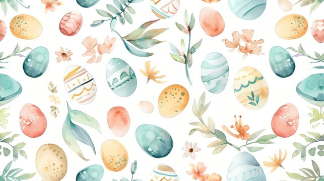 Beautiful watercolor painted illustration with Easter eggs, different designs and patterns, and spring flowers, isolated on a white background. Very cute, clipart. Postcard or banner.