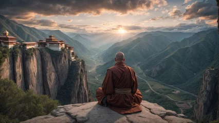 Foto op Canvas Monk meditating on the edge of a mountain overlooking an ancient monastery rising above the clouds in the rays of the setting sun © Dmytriy