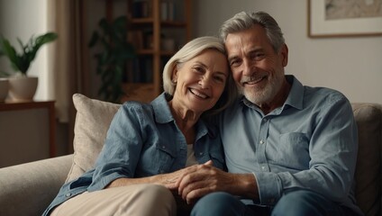 Happy mature husband and wife sit rest on couch at home , show care affection, smiling senior loving couple relax on sofa , enjoy tender romantic family weekend together