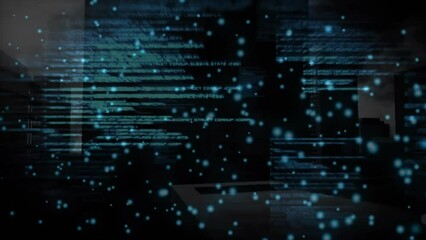 Animation of data processing and light spots over cityscape - Powered by Adobe