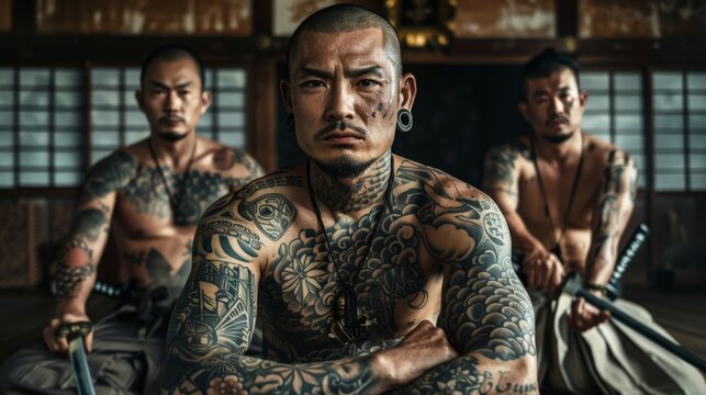 Three tattooed men displaying their Yakuza affiliations in a traditional Japanese room setting
