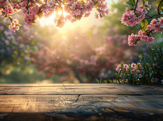Naklejka na ściany i meble Empty wooden table for product demonstration and presentation against the backdrop of spring blooming garden.Beautiful pink cherry blossom. Banner. Copy space. Mock up