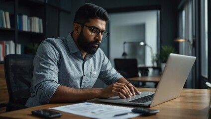 Indian male employee in casual shirt engrossed in work at his office, using a laptop and reviewing paperwork with focus