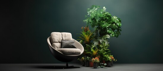 A chair is positioned next to a potted plant in a dimly lit room. The shadows cast by the plant add depth to the otherwise dark environment.