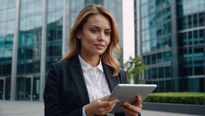 Fototapeta premium Portrait of a successful business woman using digital tablet in front of modern business building