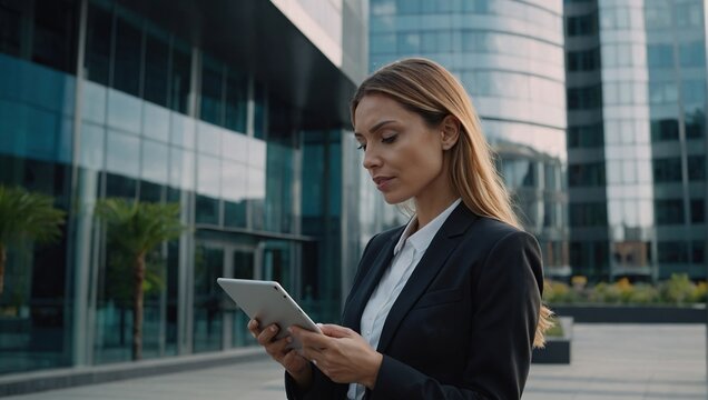 Portrait of a successful business woman using digital tablet in front of modern business building