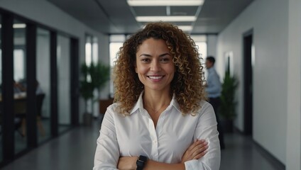 happy and successful business woman, boss in shirt smiling and looking at camera inside office with crossed arms, Hispanic woman with curly hair in corridor