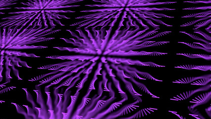 Abstract digital surface divided into squares with purple spirals. Animation. Rows of many narrow twisting vortex shapes on a black background.