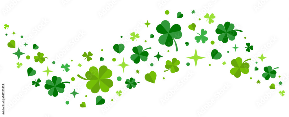 Aufkleber Shamrock or Leaf clover border with hearts shape, stars and sparkles on transparent background. Curl shape. St. Patricks Day banner.