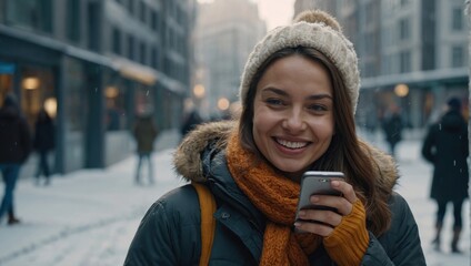 Portrait of smiling woman using mobile phone in the city at winter