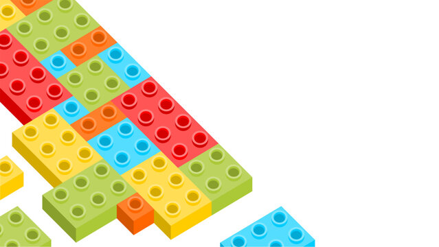 An angled view of interconnected construction blocks with bright colors such as red, green, blue, and yellow.