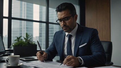 Serious concentrated hispanic businessman financier on paperwork inside office, man in business suit at workplace reviewing and reading papers, contracts and accounts reports