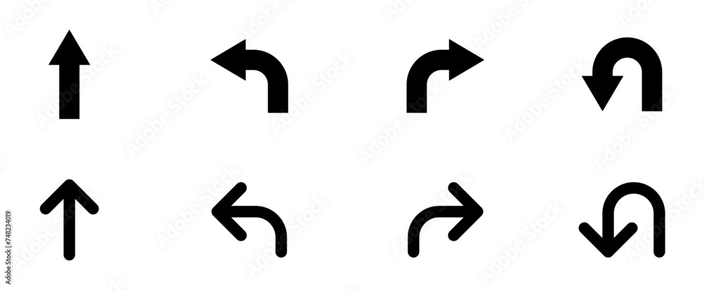 Poster go straight this way one way only u turn left and right black arrow sign direction icon set. vector 