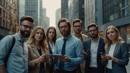 Fototapeta premium Successful group of designers, business people at work in the city