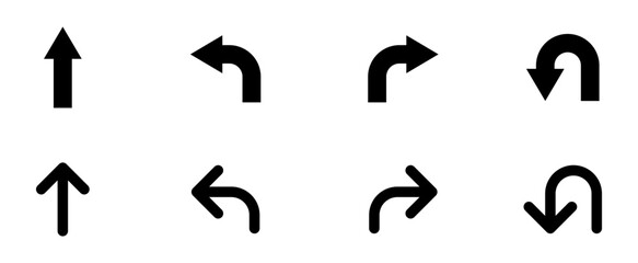 Go Straight This Way One Way Only U Turn Left and Right Black Arrow Sign Direction Icon Set. Vector Image.