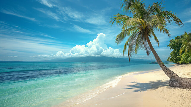 Idyllic Tropical Beach with Lush Palm tree and Crystal Clear Water philippines, south east asia landscape
