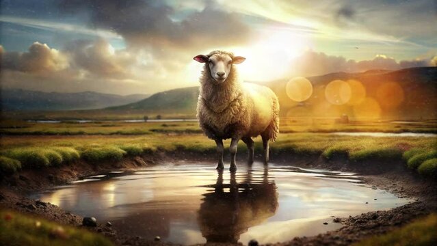 sheep in a mud puddle as the sun rises from behind the sheep