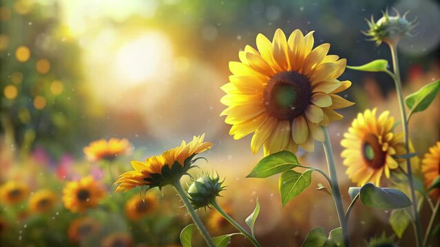 sunflower garden with small particles and sunlight