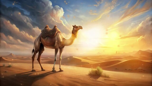 camel in the middle of the desert and clear sky