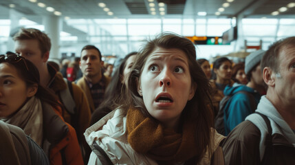 Airport Anxiety: Wide Shot of Fearful Travelers Amidst Urgency
