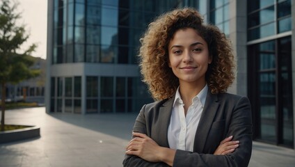 Fototapeta premium Young beautiful hispanic woman with curly hair outside office building, company worker smiling and looking at camera with crossed arms, satisfied businesswoman