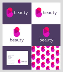 B Letter. Monogram consist of two color elements like drops or petals. Identity, business card, seamless pattern and app icon.