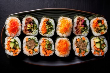 kimbap making, a cherished Korean culinary tradition. Skilled hands roll rice, vegetables, and seaweed, crafting delicious