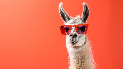 Fototapeta premium Stylish Llama in Red Sunglasses on Coral Background