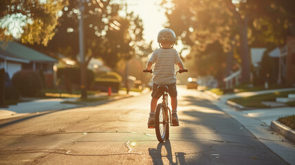 Young Boy Riding Bike Down Quiet Suburban Street