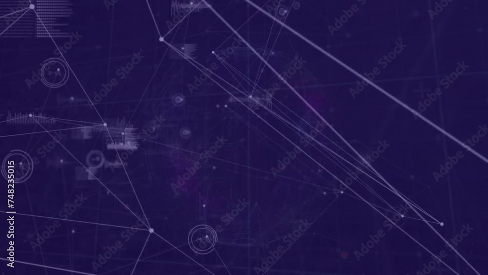 Poster animation of network of connections with data processing over blue background