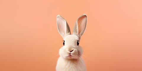 Easter rabbit on pastel peach background. Holiday banner concept, copy space for text, greeting card