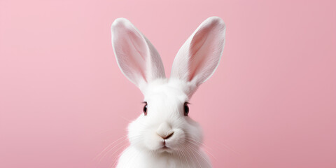 Obraz premium Easter rabbit on pastel pink background. Holiday banner concept, copy space for text, greeting card