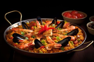 Classic dish of Spain, seafood paella in traditional pan on rustic blue concrete background