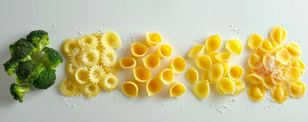 A symmetrical layout of orecchiette pasta, broccoli florets, and Parmesan cheese on a matte white surface. Top view space to copy.
