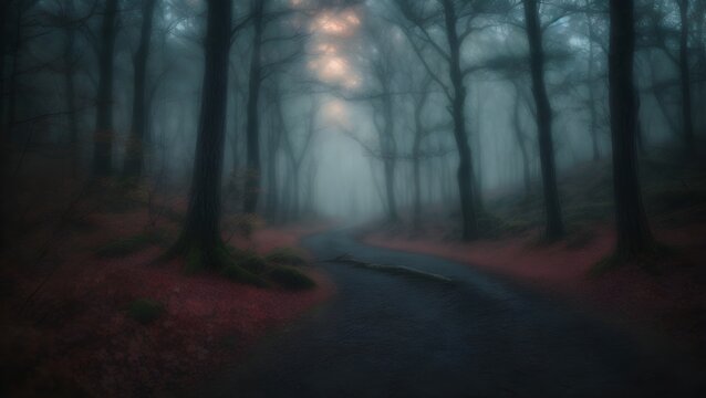 Mystical foggy forest with a winding road in the foreground
