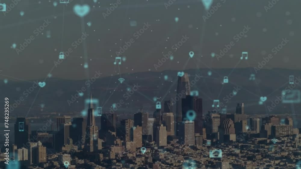 Poster animation of network of connections with icons over cityscape